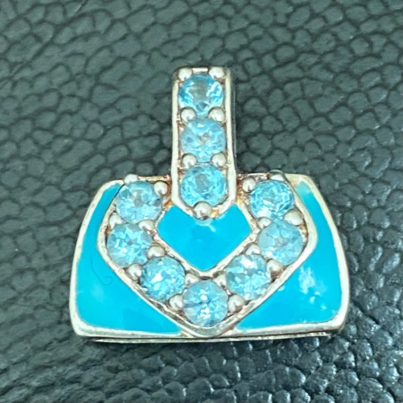Vintage 925 Signed Blue Topaz CZ Stone Enamel Purse Pendant 3.8g - Picture 10 of 13
